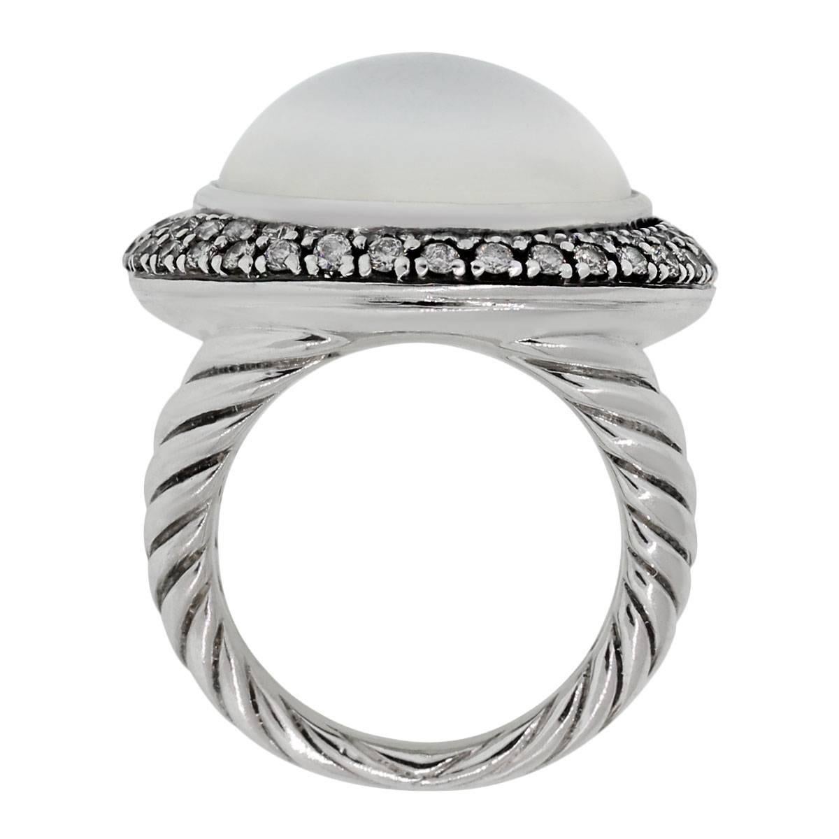 David Yurman Moonstone Sterling Silver Double Row Diamond Ring In Excellent Condition In Boca Raton, FL