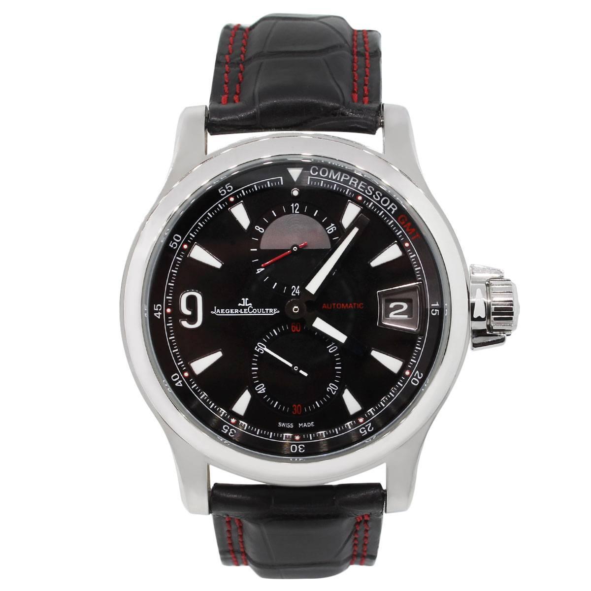 Brand: Jaeger LeCoultre
Model: Master Compressor
Case Material: Stainless steel
Case Diameter: 42mm
Crystal: Sapphire
Bezel: Smooth fixed stainless steel bezel
Dial: Black dial with date indicated at 3 o' clock with second timezone feature and