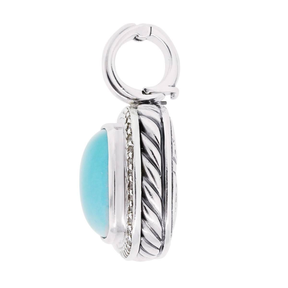 Designer: David Yurman
Material: Sterling Silver
Diamond Details: Round brilliant diamonds. Diamonds are G/H in color and VS in clarity
Gemstone Details: Turquoise
Measurements: 1.18