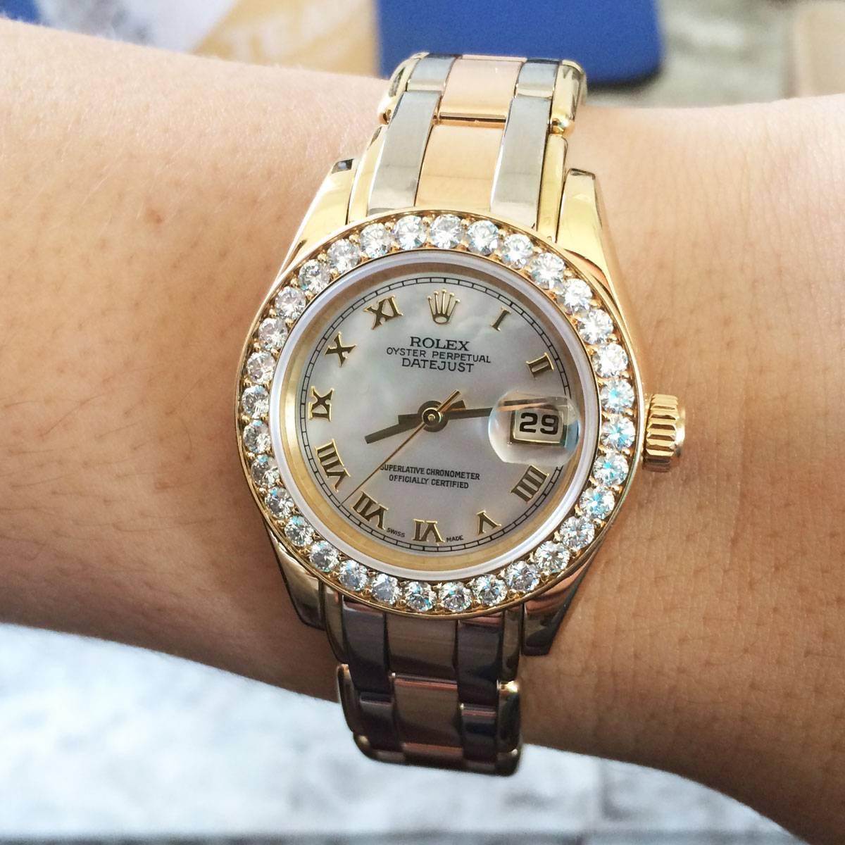 Rolex Ladies Yellow Gold Stainless Steel Tridor Pearlmaster Datejust Wristwatch  In Excellent Condition In Boca Raton, FL