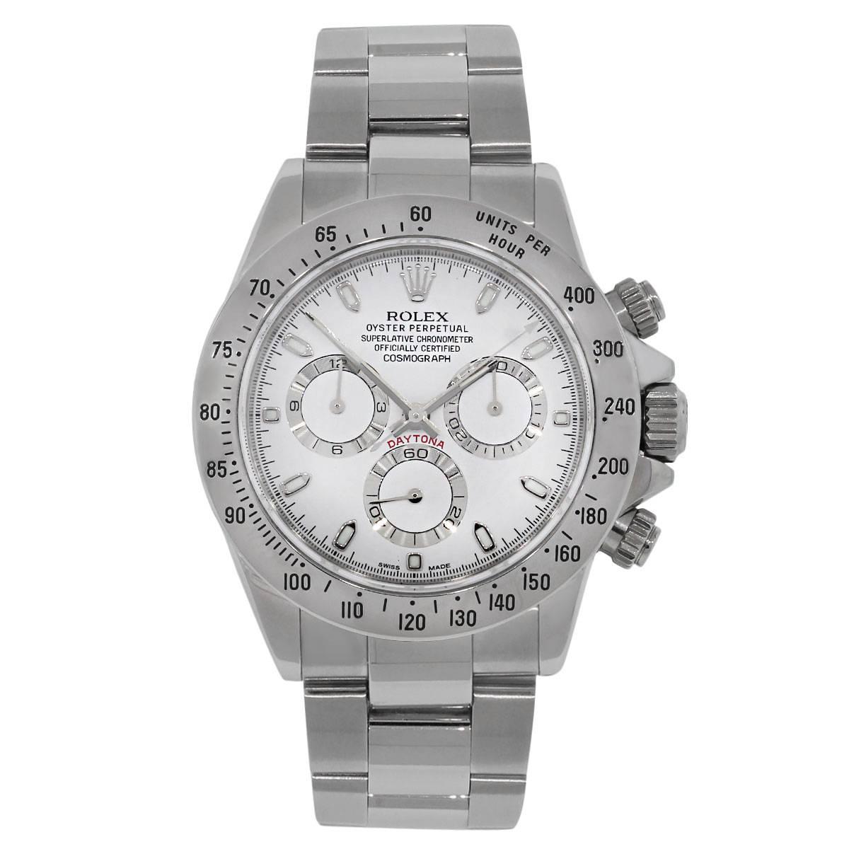 Brand: Rolex
MPN: 116520
Model: Daytona
Case Material: Stainless Steel
Case Diameter	: 40mm
Crystal: Sapphire crystal
Bezel: Fixed stainless steel with engraved Tachymeter
Dial: White Chronograph Dial with 3 sub dials, silver luminescent