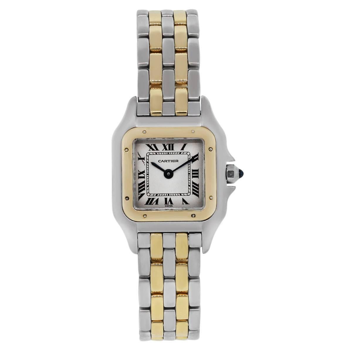 Brand: Cartier
MPN: 1120
Model: Panthere
Case Material: 18k yellow gold and stainless steel
Case Diameter: 22mm
Crystal: Scratch resistant sapphire
Bezel: Fixed yellow gold bezel
Dial: Champagne dial with Roman Numeral hour markers and blue