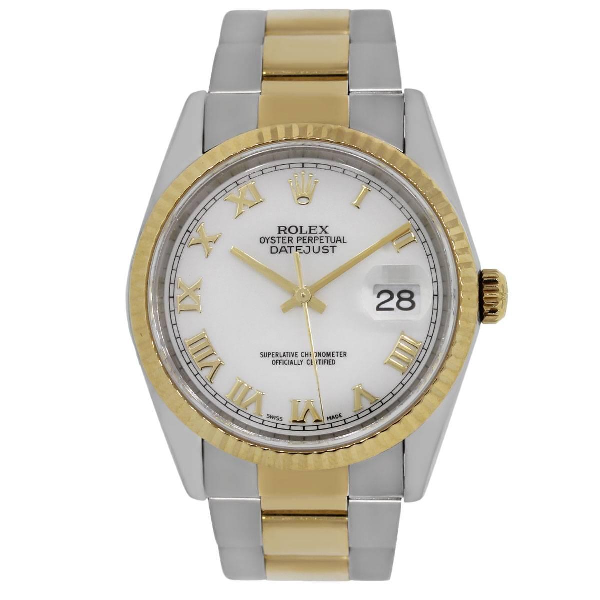 Brand: Rolex
MPN: Datejust
Model: 16233
Case Material: 18k yellow gold and stainless steel
Case Diameter: 36mm
Crystal: Sapphire crystal
Bezel: 18k yellow gold fluted bezel
Dial: White dial with gold roman numerals and hand markers. Date is