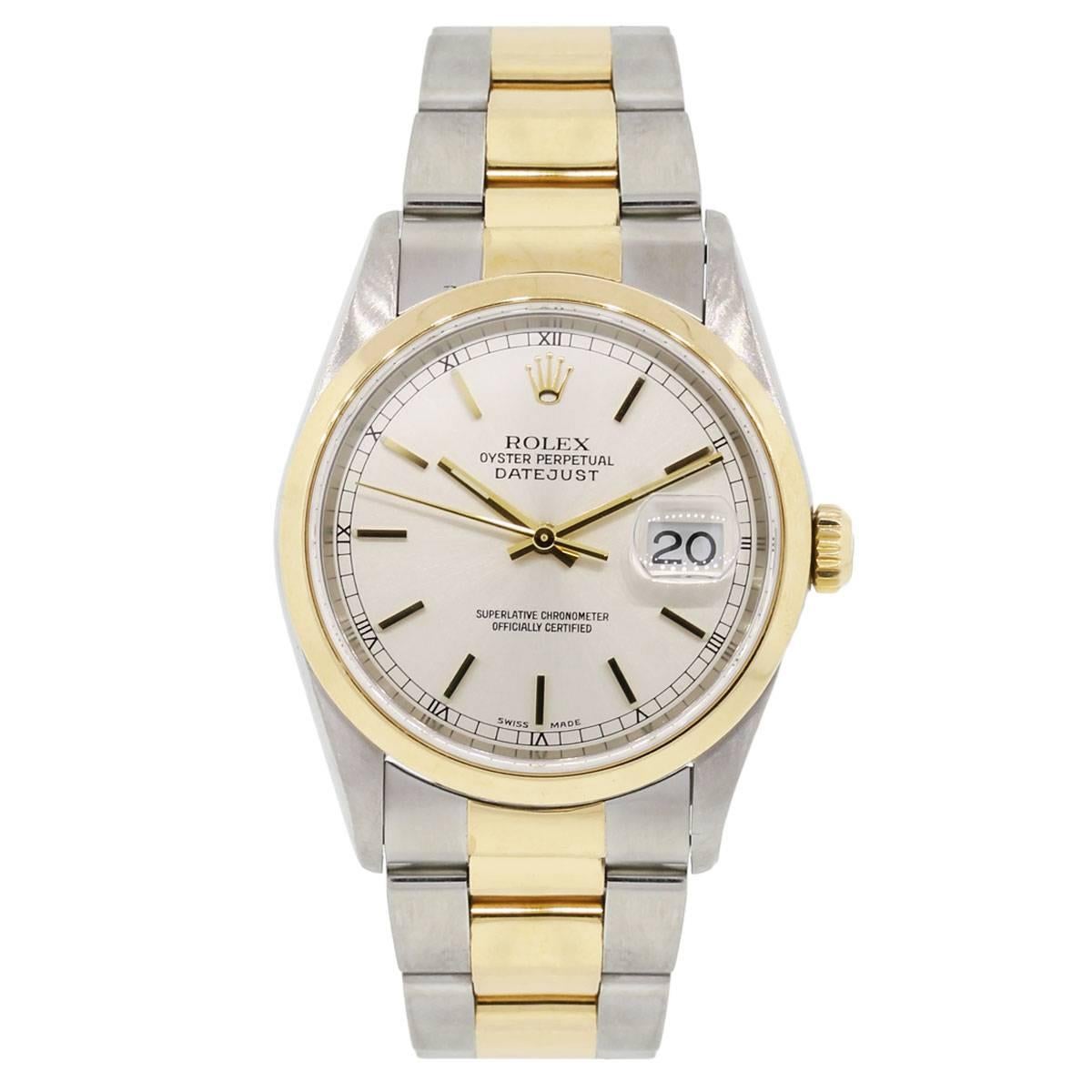 Brand: Rolex
MPN: 16203
Model: Datejust
Case Material: 18k yellow gold and stainless steel
Case Diameter: 36mm
Crystal: Sapphire crystal
Bezel: 18k yellow gold smooth bezel
Dial: White dial with gold sticks and hand markers. Date is displayed