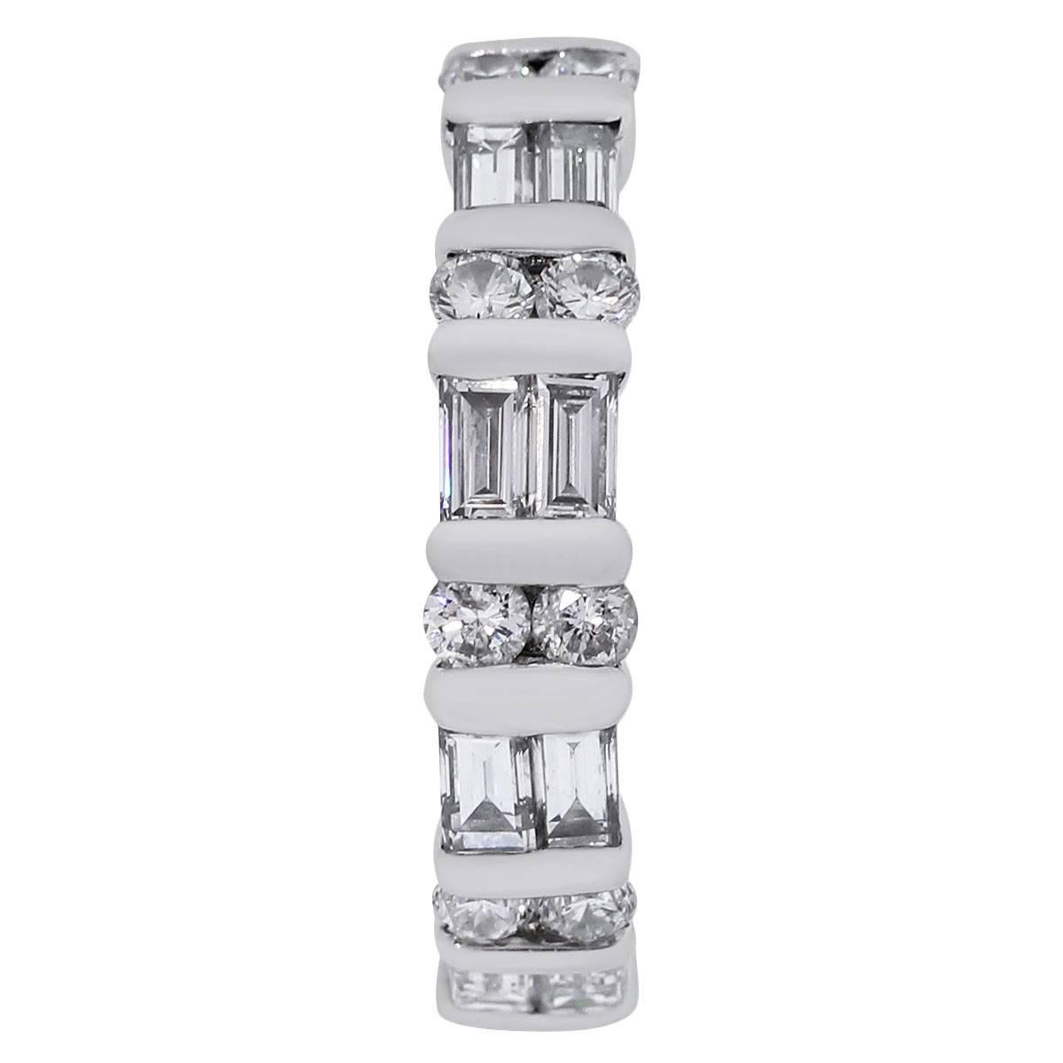 Material: Platinum
Diamond Details: Approximately 1.60ctw baguette cut and round brilliant diamonds. Diamonds are G/H in color and VS in clarity.
Ring Size: 7
Ring Measurements: 0.80