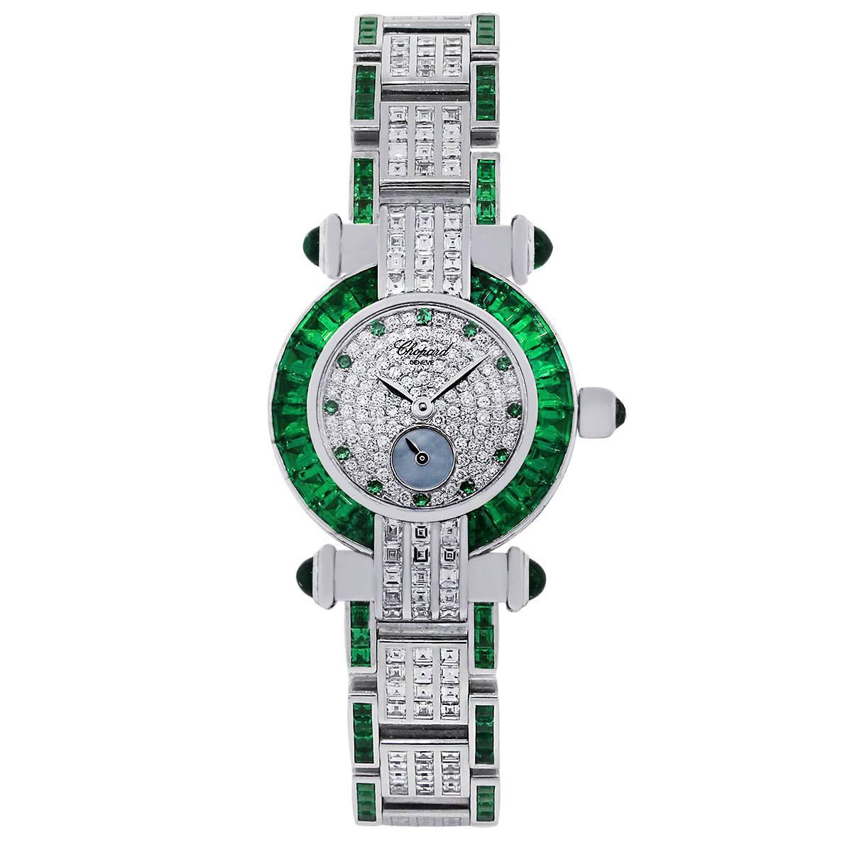 Brand: Chopard
MPN: 393234-22
Model: Imperiale
Case Material: 18k white gold
Case Diameter: 26mm
Crystal: Scratch resistant sapphire
Bezel: 18k white gold emerald gemstone bezel
Diamond Details: Diamonds are Colorless and VS in calrity
Dial: