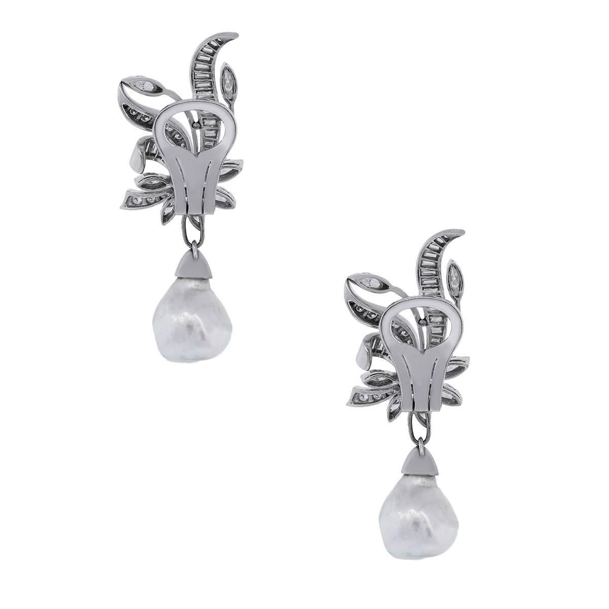 Modern 4.0 Carat Diamond and Pearl Dangle Earrings Platinum in Stock For Sale