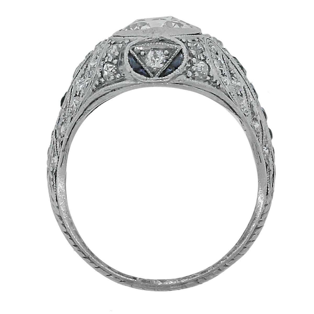Old European Cut Platinum 4.80ctw Sapphire Diamond Vintage Ring For Sale