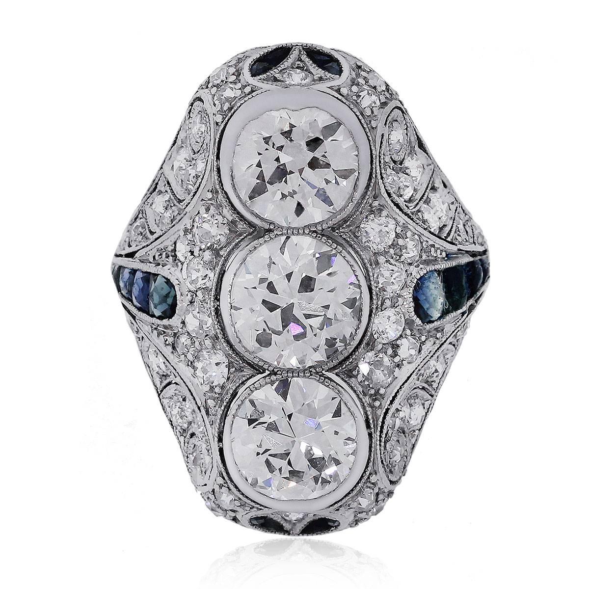 Platinum 4.80ctw Sapphire Diamond Vintage Ring For Sale