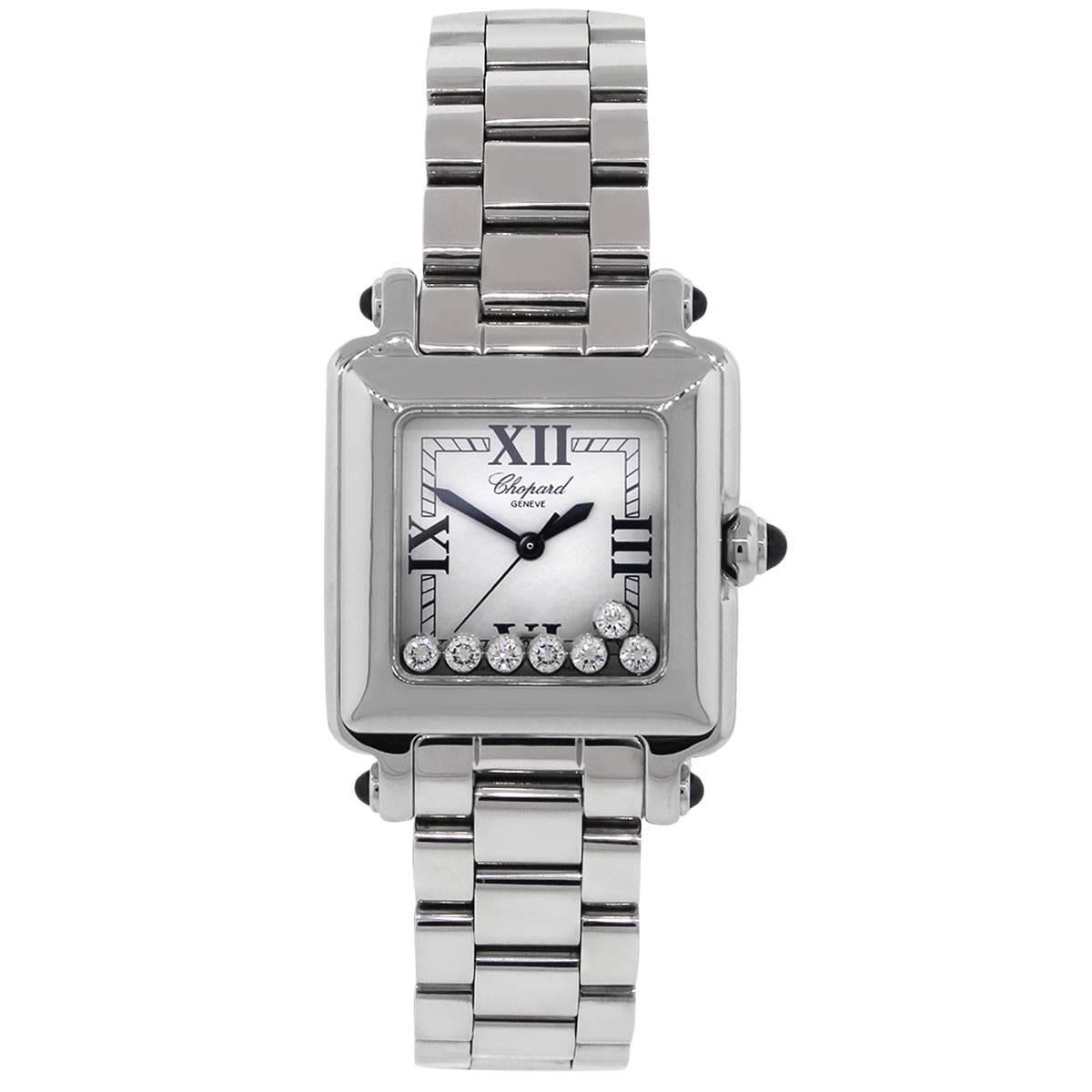 Brand: Chopard
MPN: 278349-23
Model: Happy Sport
Case Material: Stainless steel
Case Diameter: 27mm
Crystal: Scratch resistant sapphire
Bezel: Fixed stainless steel bezel
Dial: White dial with roman numeral hour markers with floating