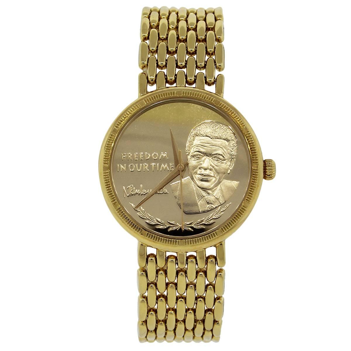 MPN: 177/2000
Style: Nelson Mandela yellow gold watch
Case Material: 18k yellow gold
Case Diameter: 34mm
Crystal: Sapphire
Bezel: 18k yellow gold
Dial: Image of Nelson Mandela in 18k yellow gold 
