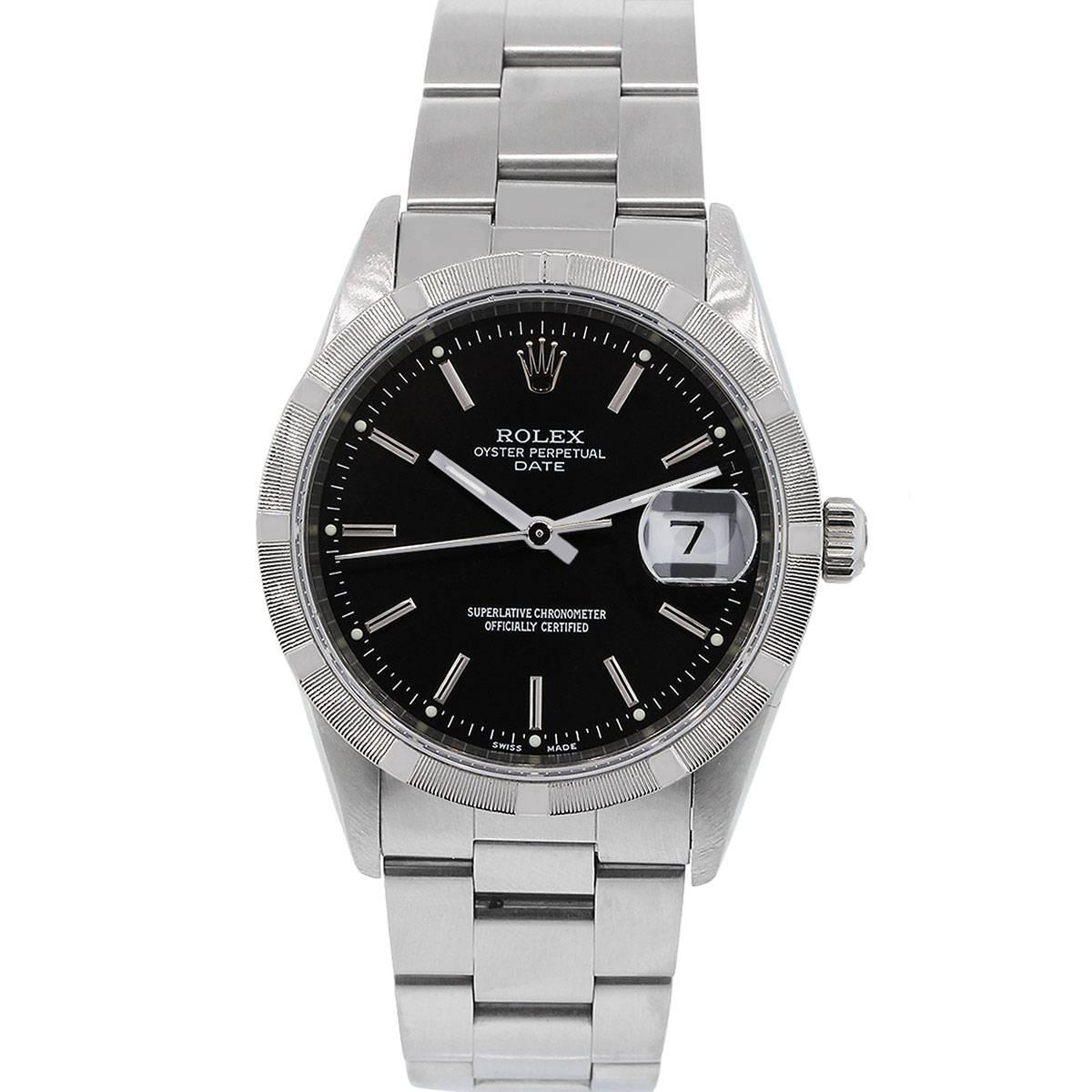 Brand: Rolex
MPN: 15210
Model: Date Oyster Perpetual
Case Material: Stainless Steel
Case Diameter: 33mm
Crystal: Scratch resistant sapphire crystal
Bezel: Stainless Steel Engine Turned Bezel.
Dial: Black Dial with raised index hour markers.