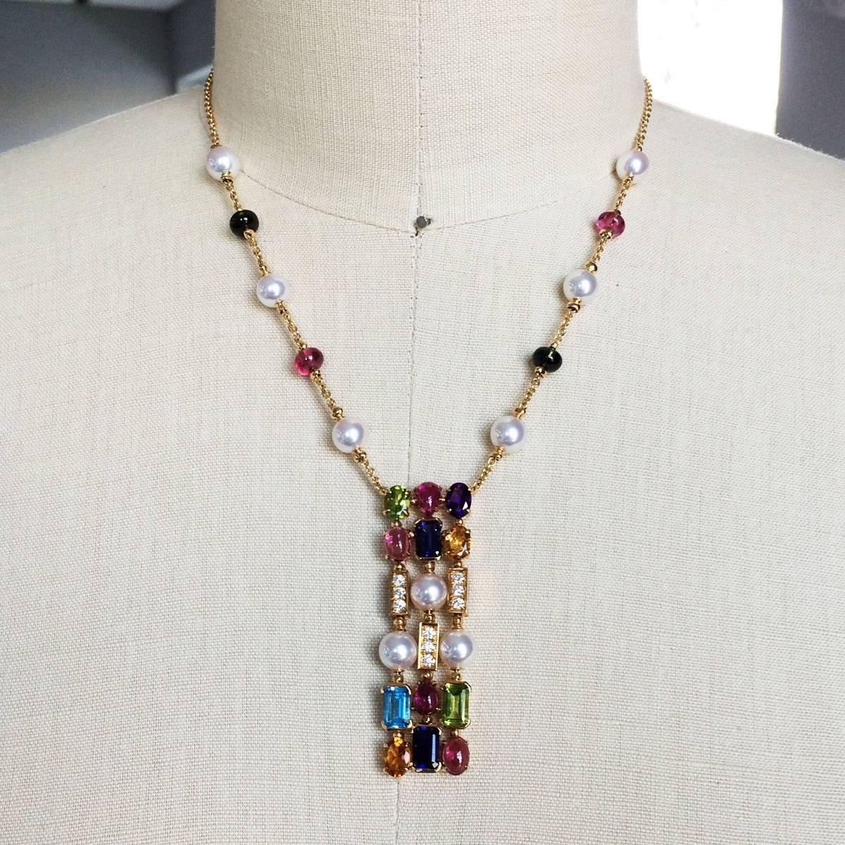 Bulgari Allegra Multicolored Gemstone and Diamond 3 Row Necklace In Excellent Condition In Boca Raton, FL