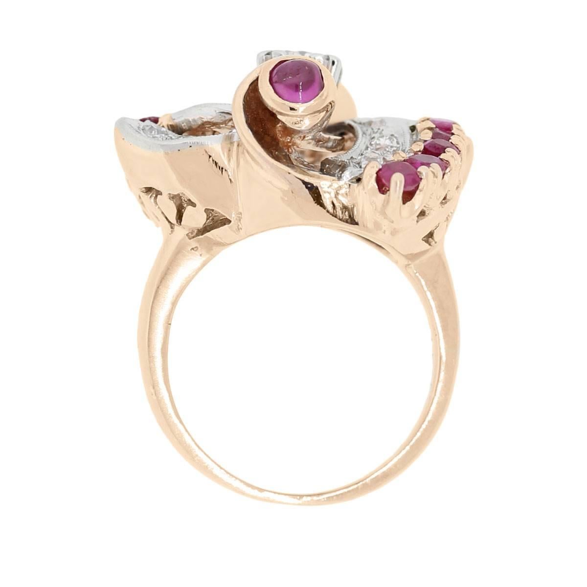 Material: 14k rose gold
Diamond Details: Approximately 0.55ctw of round brilliant diamonds. Diamonds are H/I in color and VS in clarity
Gemstone Details: Approximately 0.65ctw of rubies
Ring Measurements: 1.12