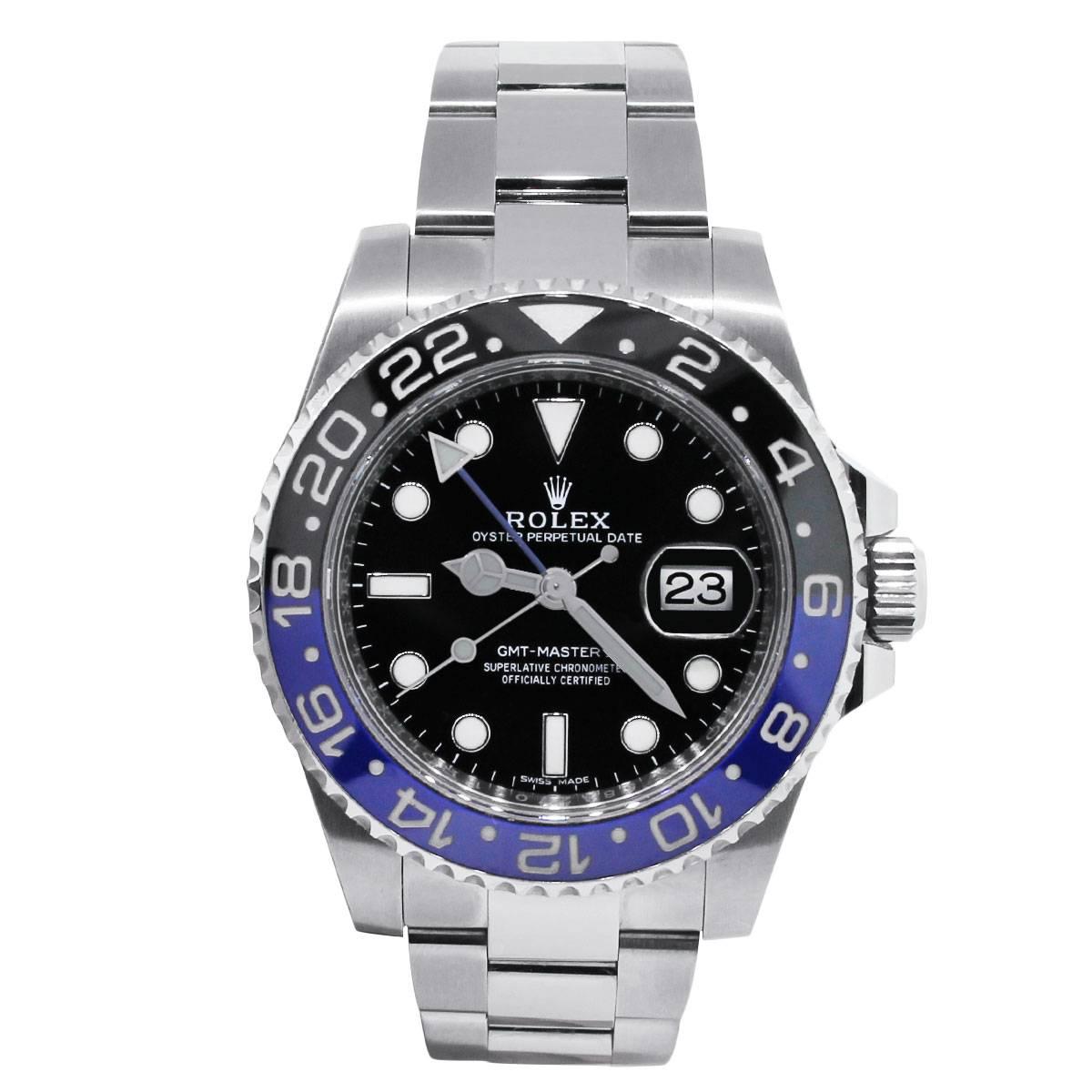 Brand: Rolex
MPN: GMT Master II
Model: 116170
 Case Material: Stainless Steel
Case Diameter: 40 mm
Crystal: Scratch resistant sapphire crystal
Bezel: Stainless steel black and blue bidirectional rotating ceramic bezel with GMT markers
Dial: Black