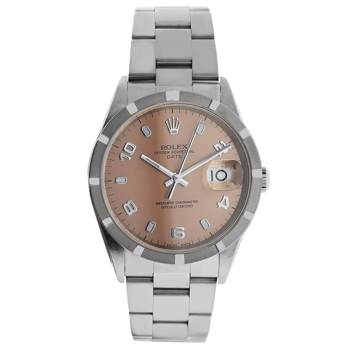 Brand: Rolex
MPN: 15210
Model: Date Oyster Perpetual
Case Material: Stainless Steel
Case Diameter: 34mm
Crystal: Scratch resistant sapphire crystal
Bezel: Stainless steel engine turned bezel
Dial: Salmon dial numeral hour markers and luminous