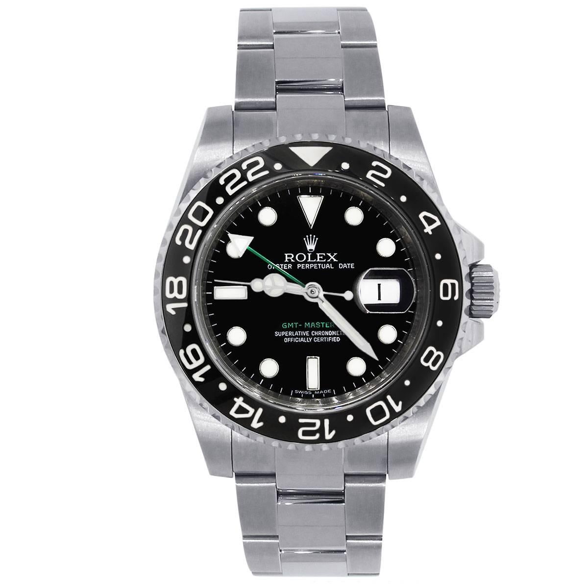 Brand: Rolex
MPN: GMT Master II
Model: 116170
Case Material: Stainless Steel
Case Diameter: 40 mm
Crystal: Scratch resistant sapphire crystal
Bezel: Stainless steel black bidirectional rotating ceramic bezel with inner engraving.
Dial: Black dial
