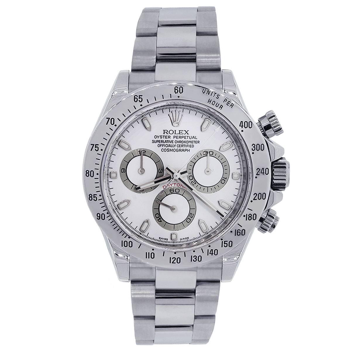 Brand: Rolex
MPN: 116520
Model: Daytona
Case Material: Stainless Steel
Case Diameter: 40mm
Crystal : Sapphire crystal
Bezel: Fixed stainless steel with engraved Tachymeter
Dial: White Chronograph Dial with 3 sub dials, silver luminescent