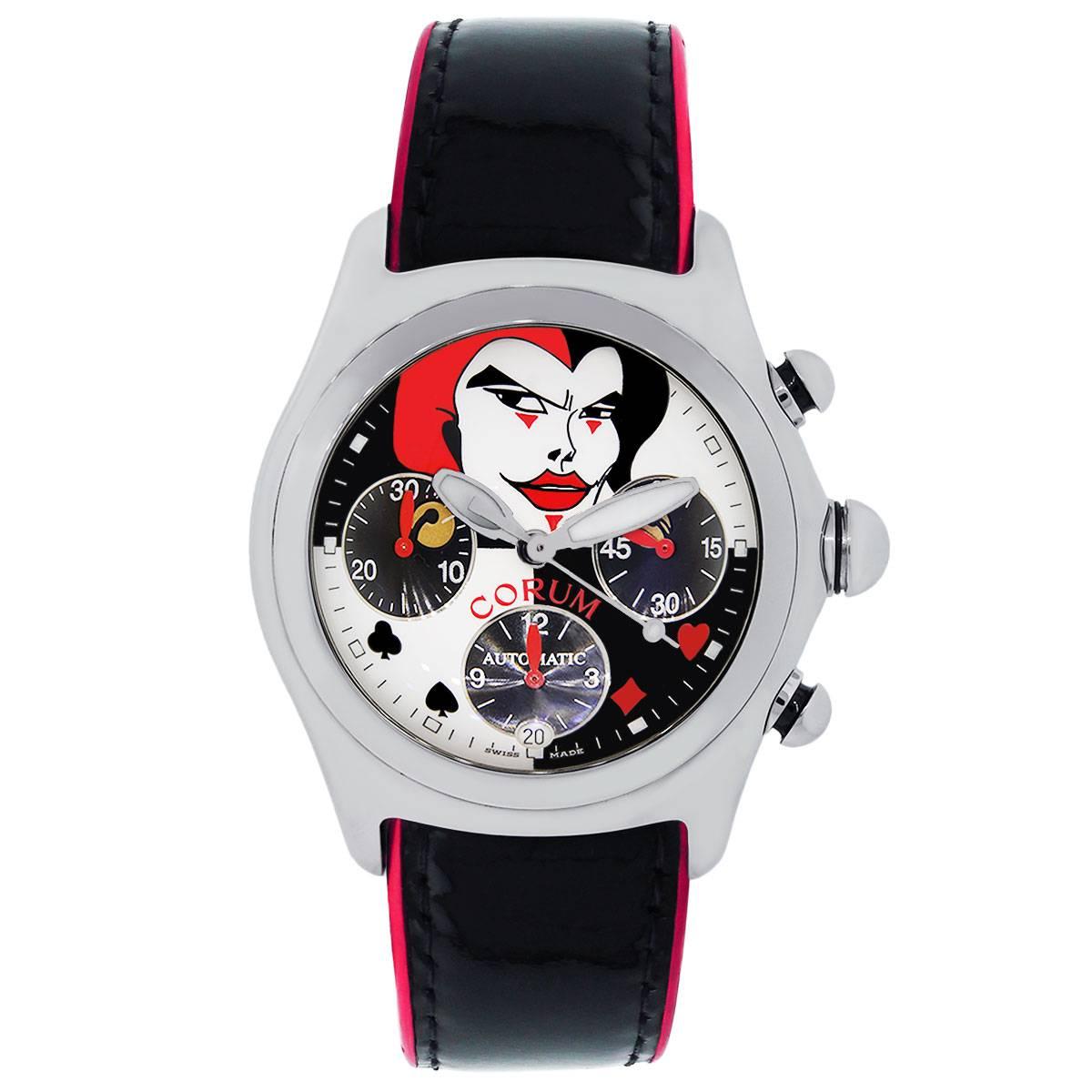 Brand: Corum
MPN: 285.240.20
Style: Joker limited edition
Case Material: Stainless steel
Case Diameter: 45mm
Crystal: Domed sapphire crystal
Bezel: Smooth fixed stainless steel bezel
Dial: Joker dial with luminescent hands, luminescent hour