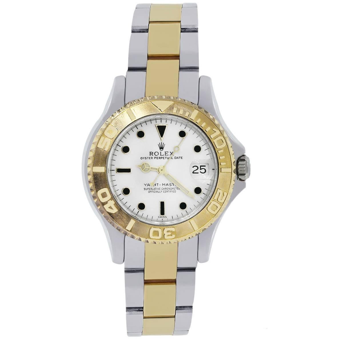 Brand: Rolex
MPN: 68623 
Model: Midsize Yacht Master
Case Material: 18k yellow gold and stainless steel
Case Diameter: 35mm
Crystal: Scratch resistant sapphire
Bezel: 18k yellow gold bi-directional rotating bezel
Dial: Original Rolex white dial with
