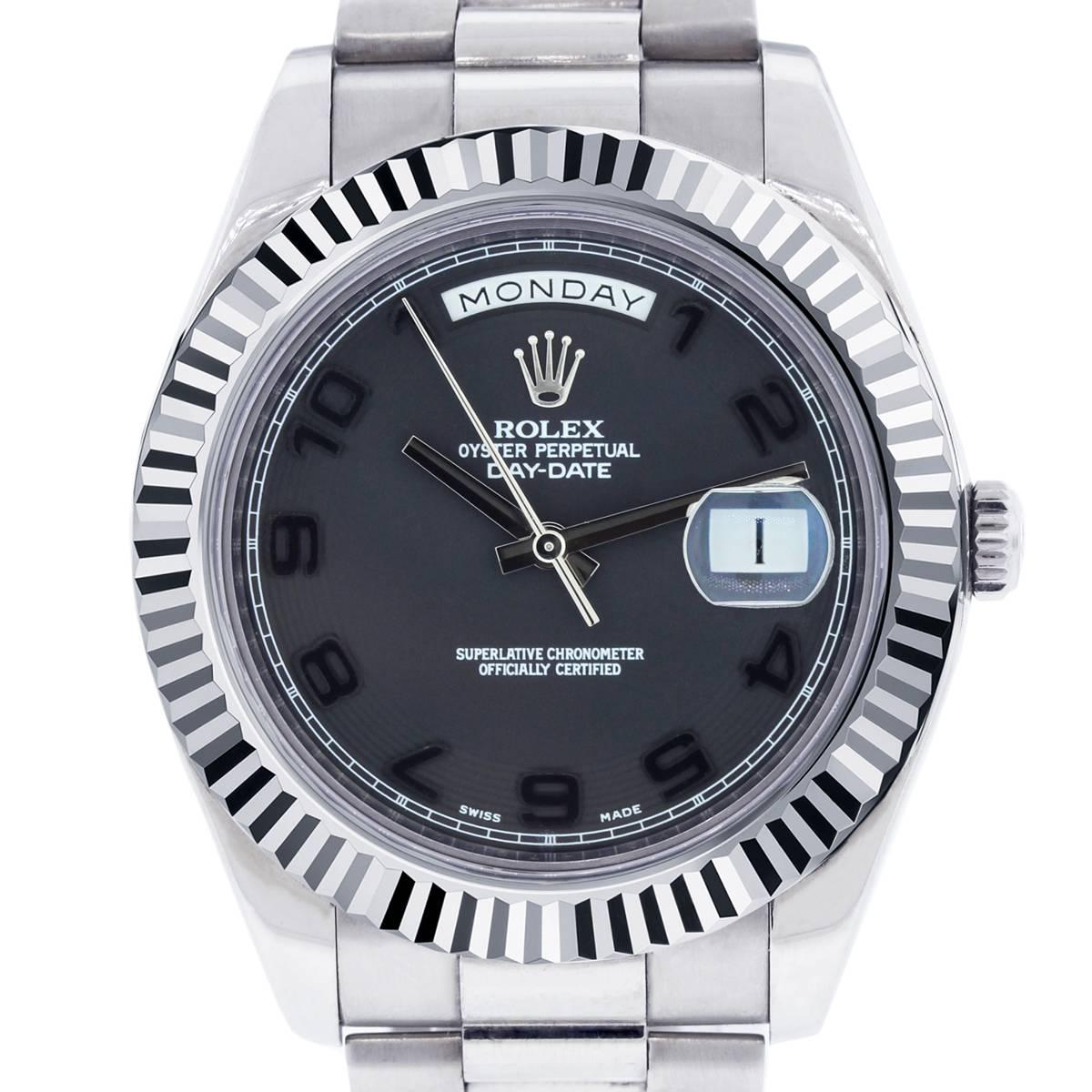 Rolex White Gold Day-Date II Black Concentric Dial Automatic Wristwatch