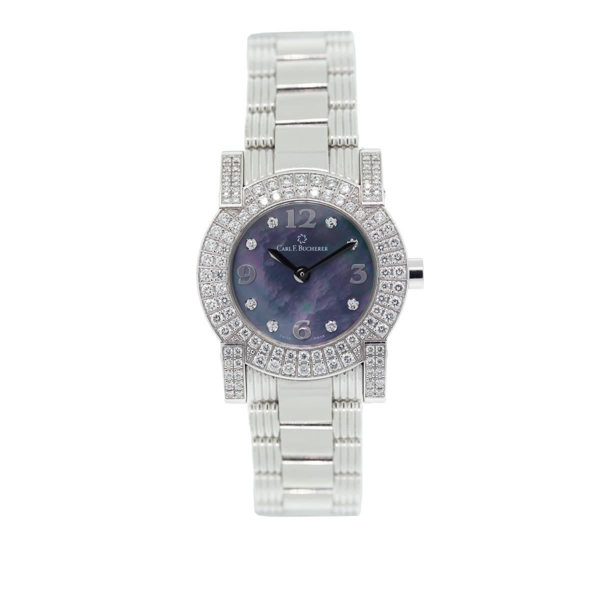 Brand	Carl F. Bucherer 
Model	Pathos
Reference Number	51.102
Case Measurement	26 mm
Material	18k White Gold
Dial	Black Mother of Pearl and Diamonds
Clasp	Double Locking Foldover Clasp
Crystal	Scratch Resistant