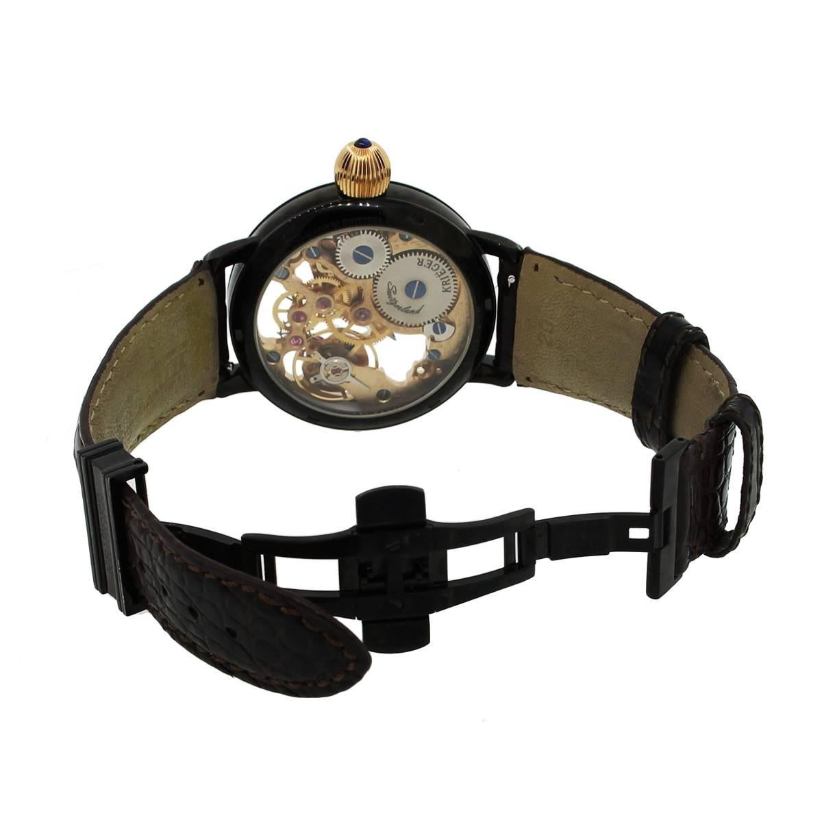Men's Kreiger Stainless Steel Gigantium Black PVD Skeleton Leather Manual Wristwatch