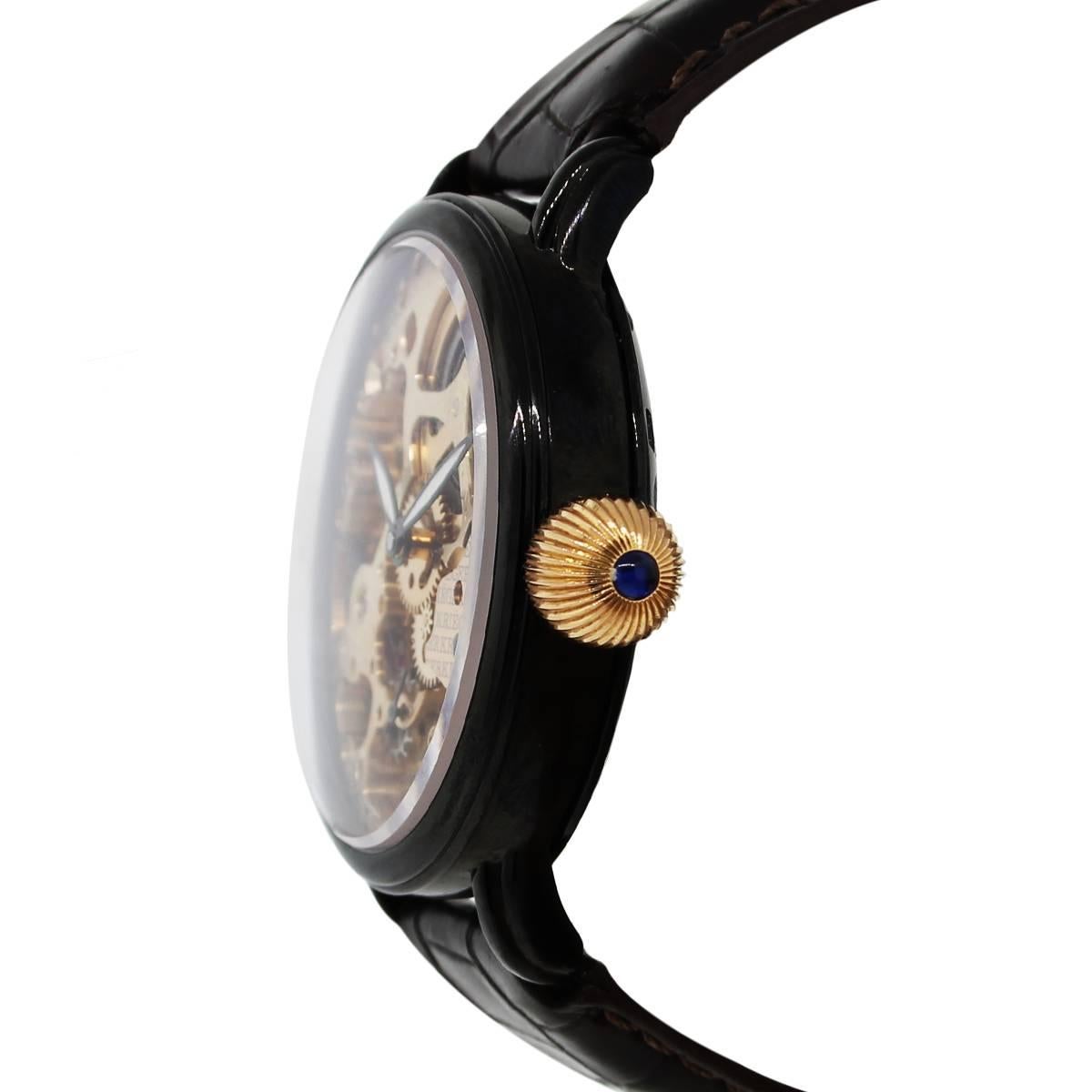 Kreiger Stainless Steel Gigantium Black PVD Skeleton Leather Manual Wristwatch In Excellent Condition In Boca Raton, FL