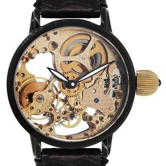 Kreiger Stainless Steel Gigantium Black PVD Skeleton Leather Manual Wristwatch