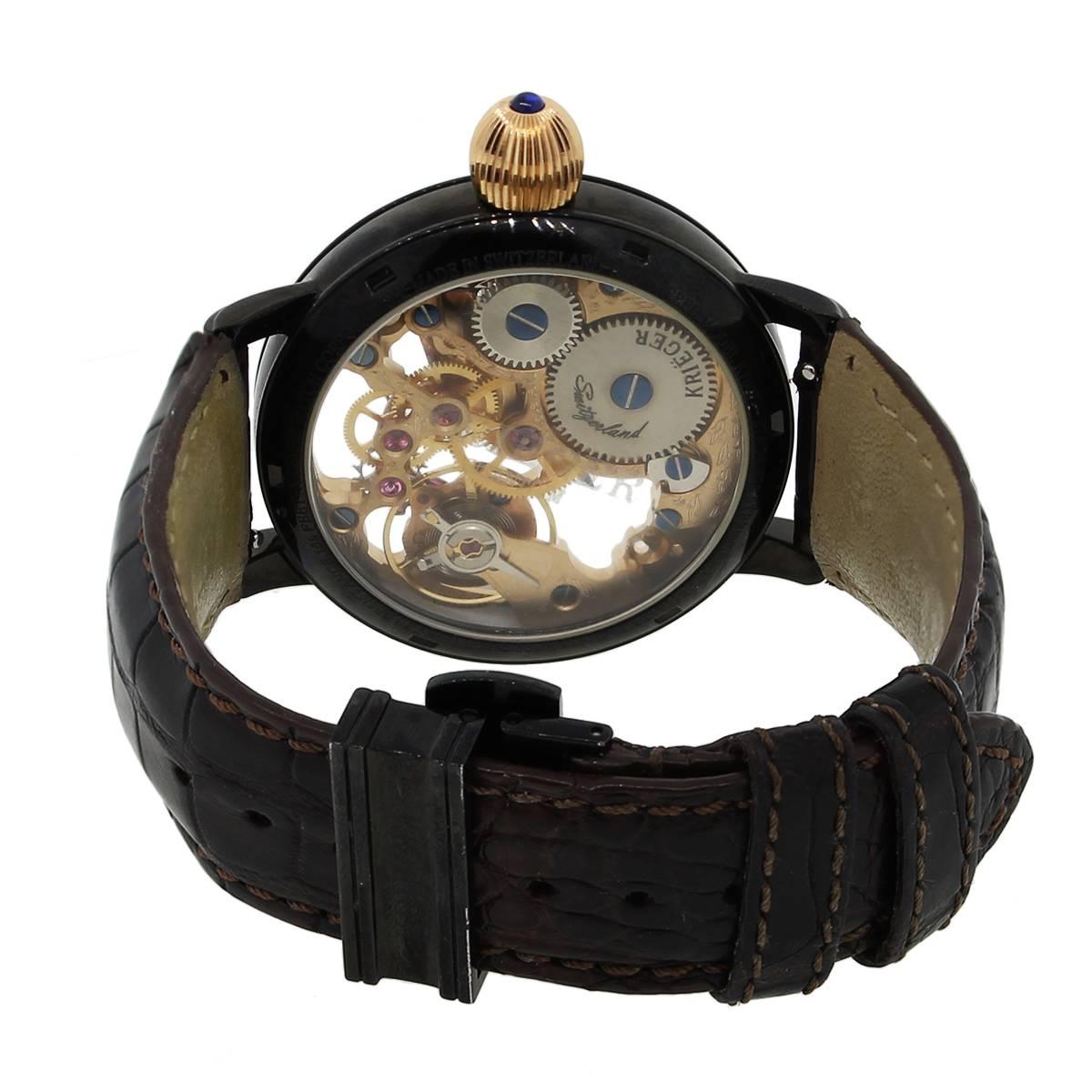 Kreiger Stainless Steel Gigantium Black PVD Skeleton Leather Manual Wristwatch 1
