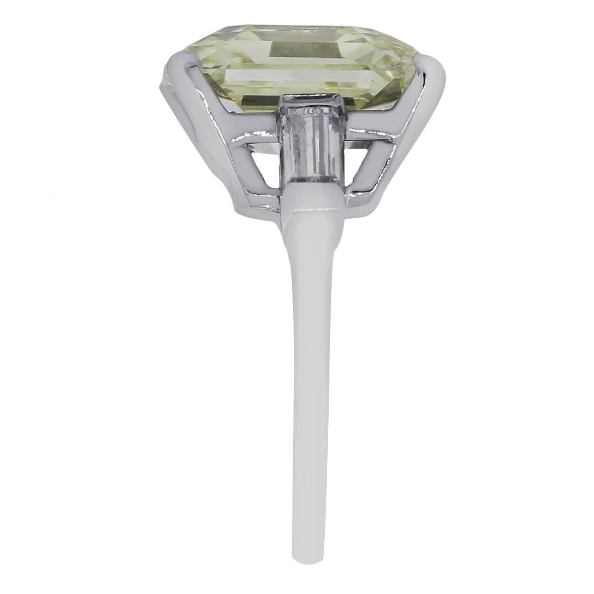 Material: Platinum
Style: GIA certified diamond engagement ring
Center Diamond Details: 7.59ct emerald cut diamond GIA certified (5182014685)
Diamond Details: Approximately 0.40ctw accent baguette cut diamonds. Diamonds are G in color and VVS in