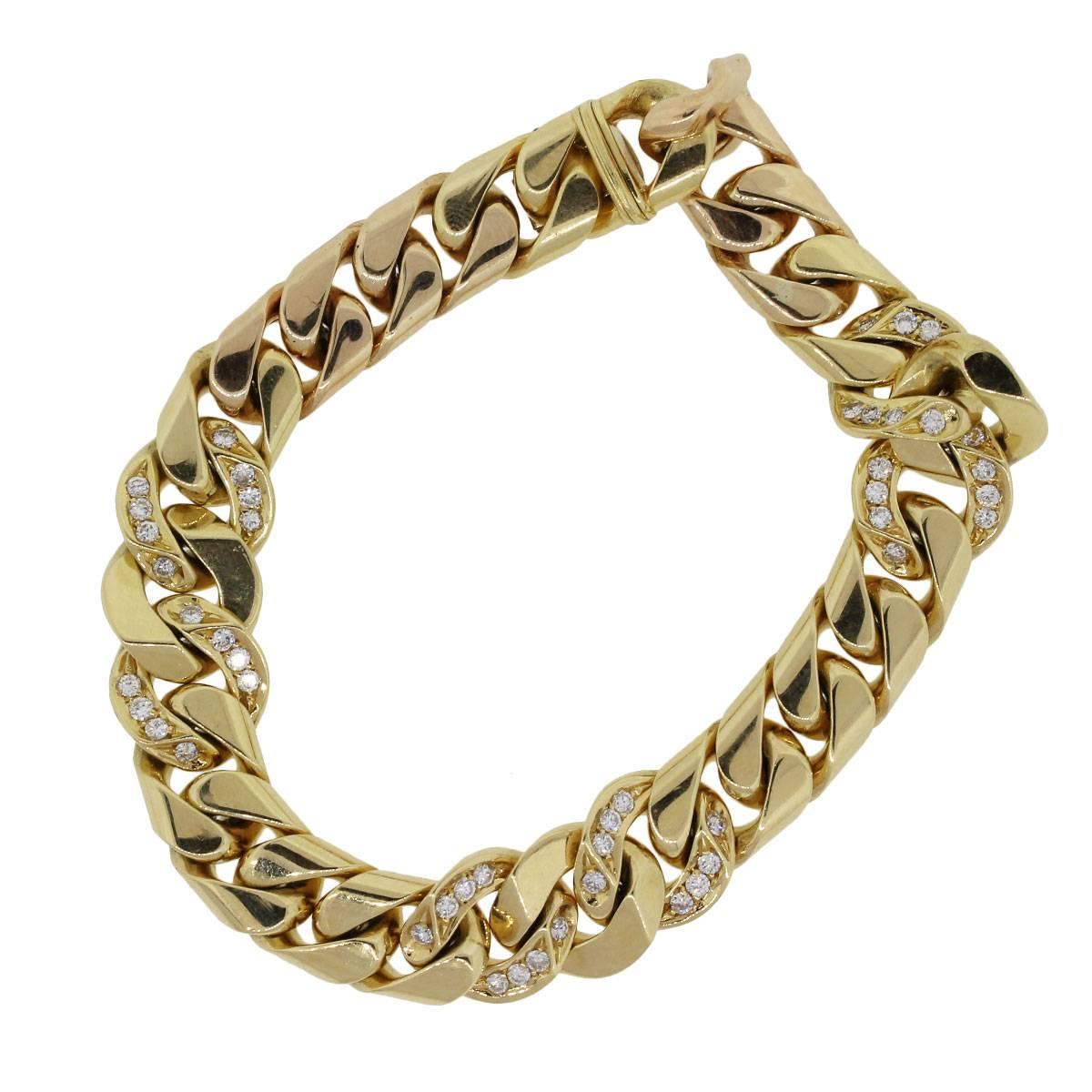 Style: Bulgari 18k Yellow Gold  2ctw Diamond Link Gents Bracelet
Material: 18k Yellow Gold
Diamond Details: Approximately 2ctw of Round Brilliant Diamonds. Diamonds are G/H in color and VS in clarity
Total Weight: 96.6g (62.2dwt)
Measurements: 8.50