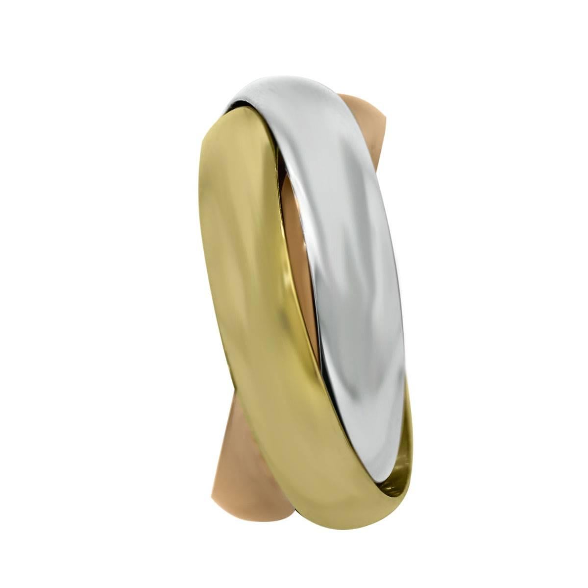 Brand
Cartier
Style	Trinity Tri-Gold Size 68 Men's Ring
Material
18k yellow, rose and white gold
Ring Size
Size 12 (Cartier size 68)
Total Weight	12.20dwt (19g)
Measurements
1.12