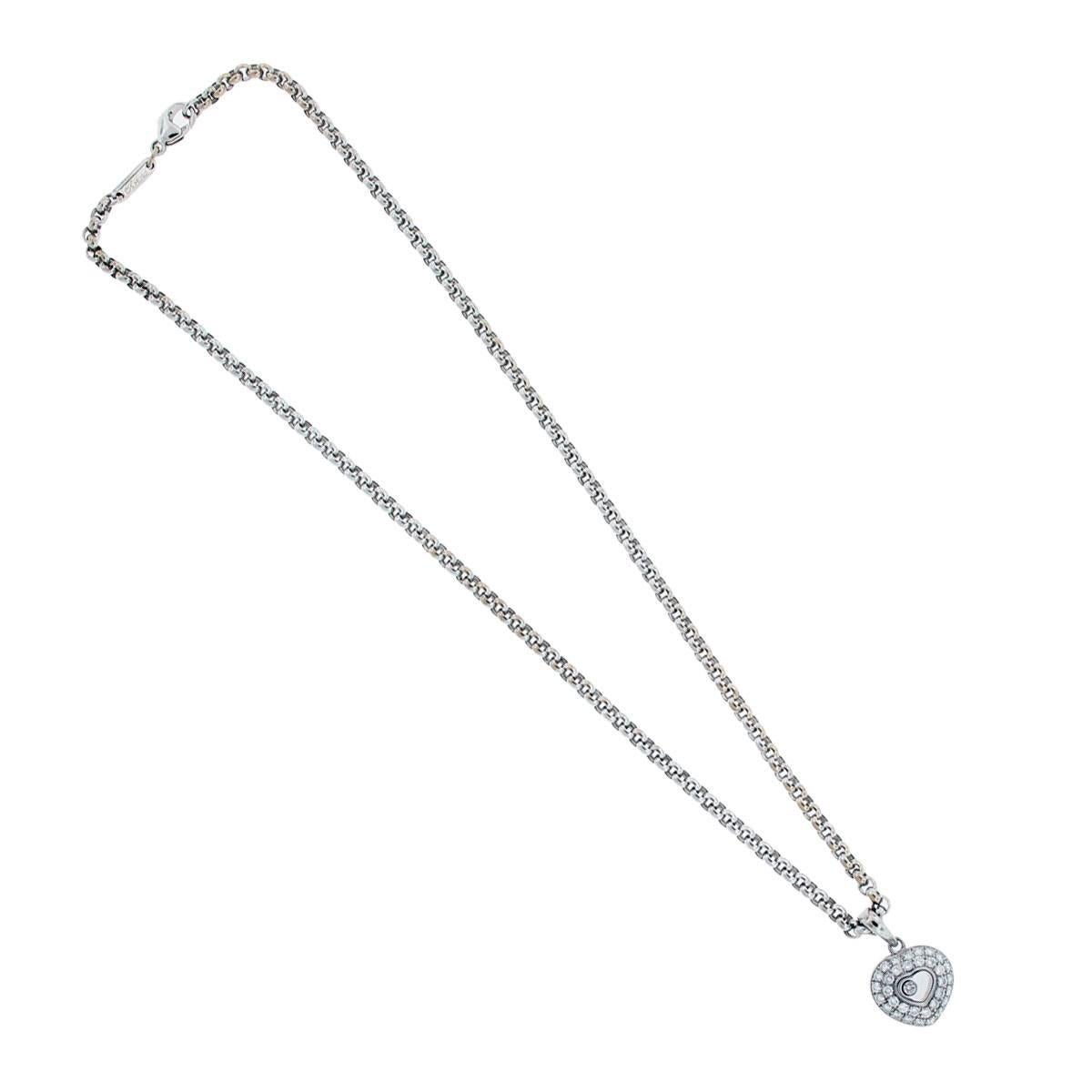 rand
Chopard
Style
18k White Gold Happy Diamond Heart Necklace
Material	18k White  Gold
Total Weight 
14.8dwt (22.9g)
Diamond Details
Approximately .66ctw of Diamonds, Diamonds are G in color and VS in clarity.
Necklace Length
Chain is