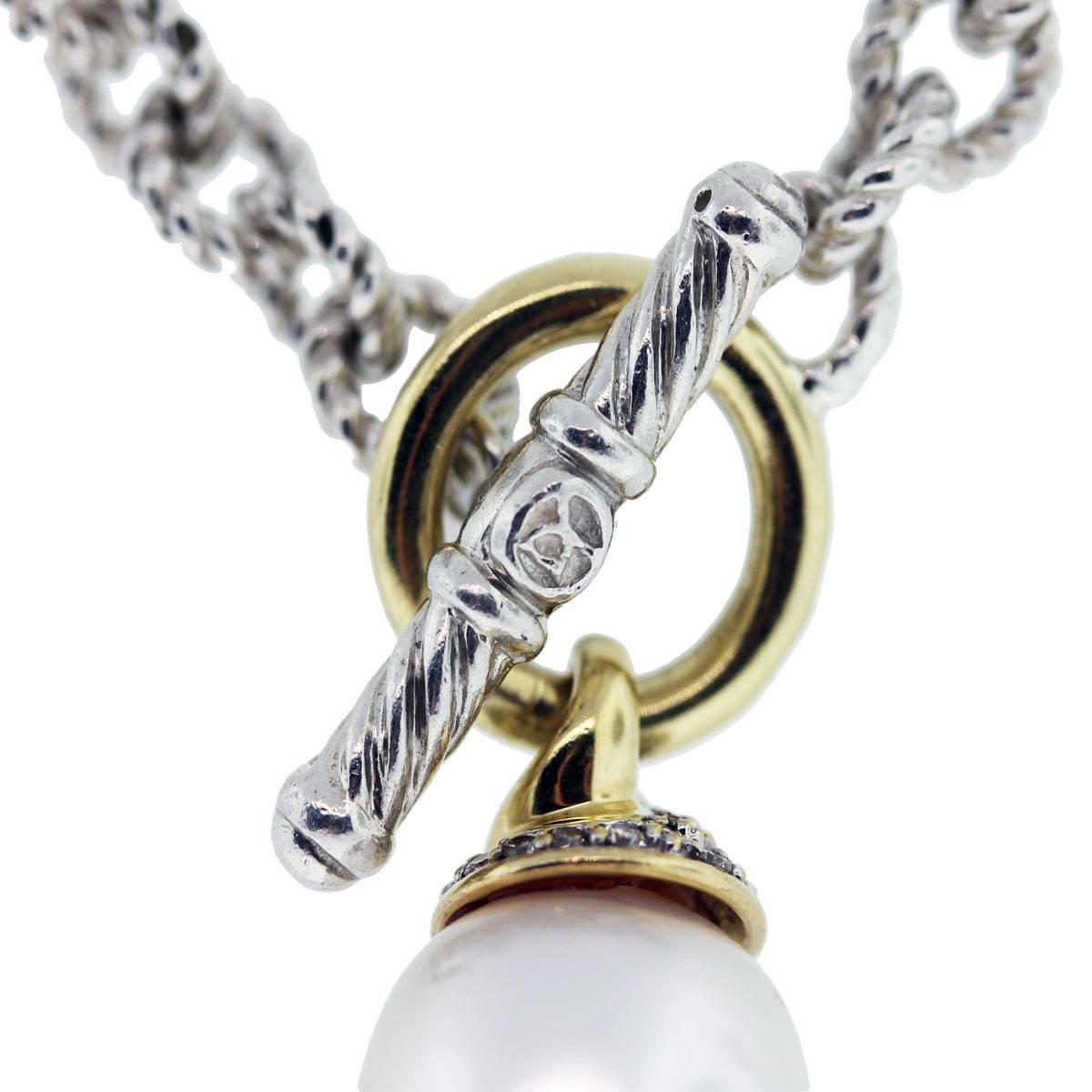 David Yurman Sterling silver  Yellow Gold Pearl Drop Necklace In New Condition In Boca Raton, FL
