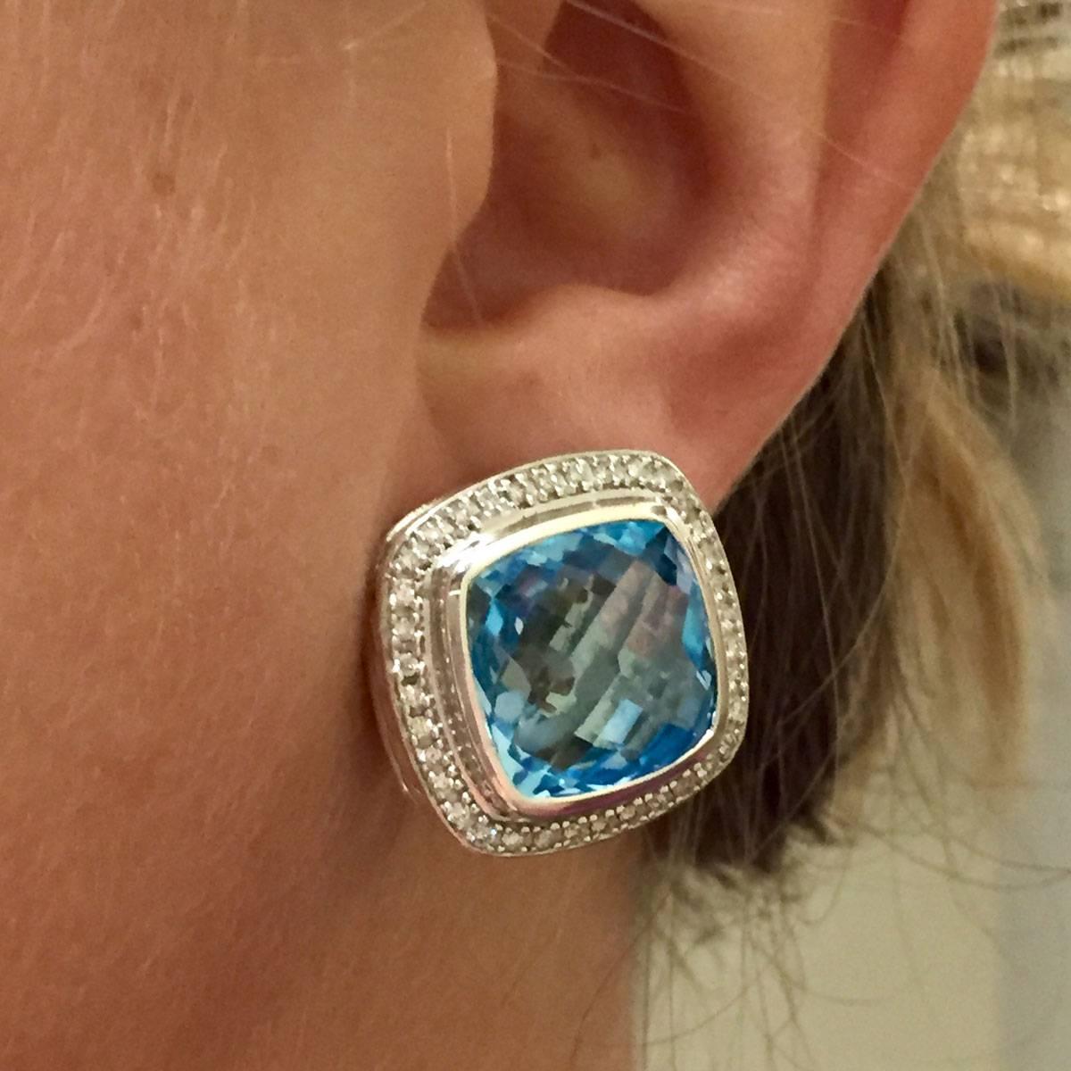 David Yurman Albion Diamond Blue Topaz Earrings In New Condition In Boca Raton, FL