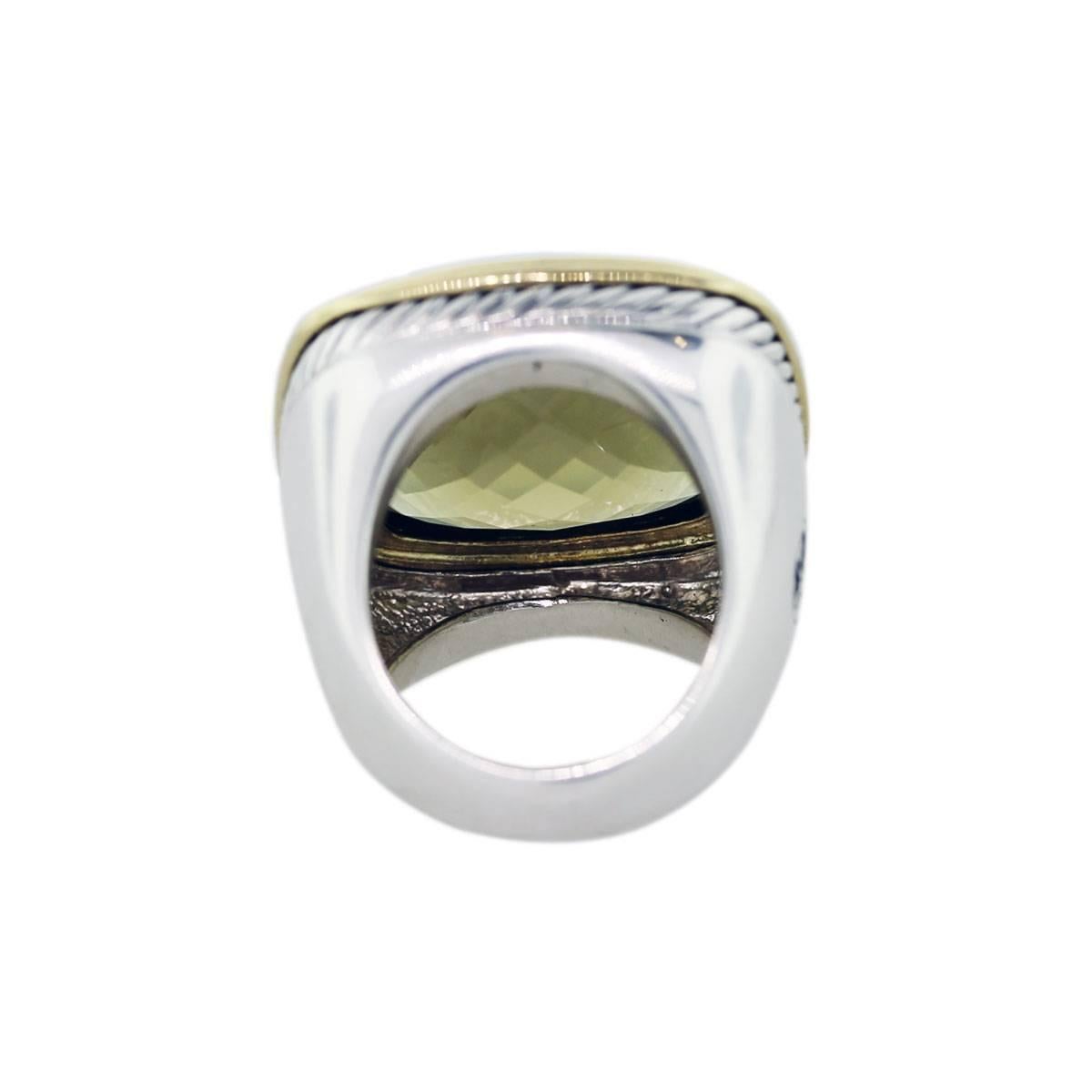 Designer: David Yurman
Style: David Yurman 20 mm Albion Lemon Quartz Ring
Material: Sterling Silver and 18K Yellow Gold
Size: 6 (Can Be Sized)
Weight: 15.0 dwt (23.3g)
Retail Value: $3,250.00
Additional Details: This item comes with a presentation