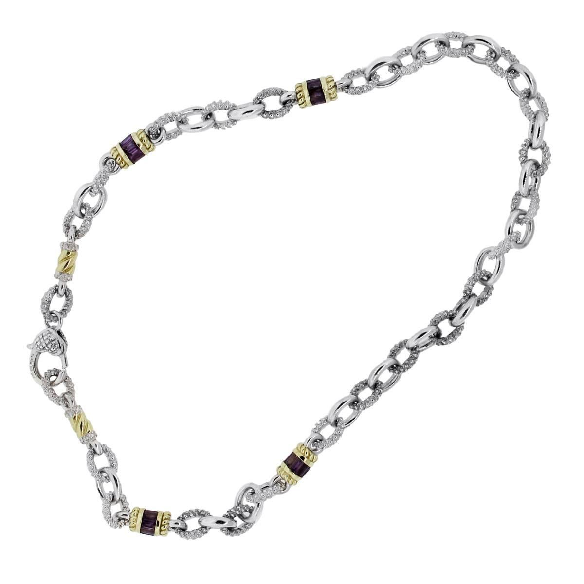 Style: Judith Ripka Sterling Silver and 18k Yellow Gold Amethyst Necklace
Material: Sterling Silver and 18k Yellow Gold
Gemstone Details: Baguette shape Amethyst gemstones
Measurements: 17