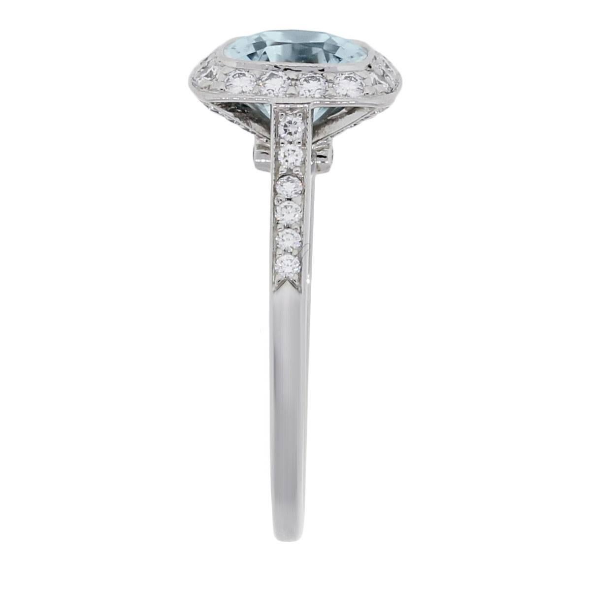 Designer	 Tiffany & Co.
Material	 Platinum
Diamond Details	 0.42ctw of round brilliant diamonds. Diamonds are F/G in color and VS1 in clarity
Gemstone Details	 1.63ct Cushion cut Aquamarine
Ring Size	 7.5 (can be sized)
Ring Measurements	