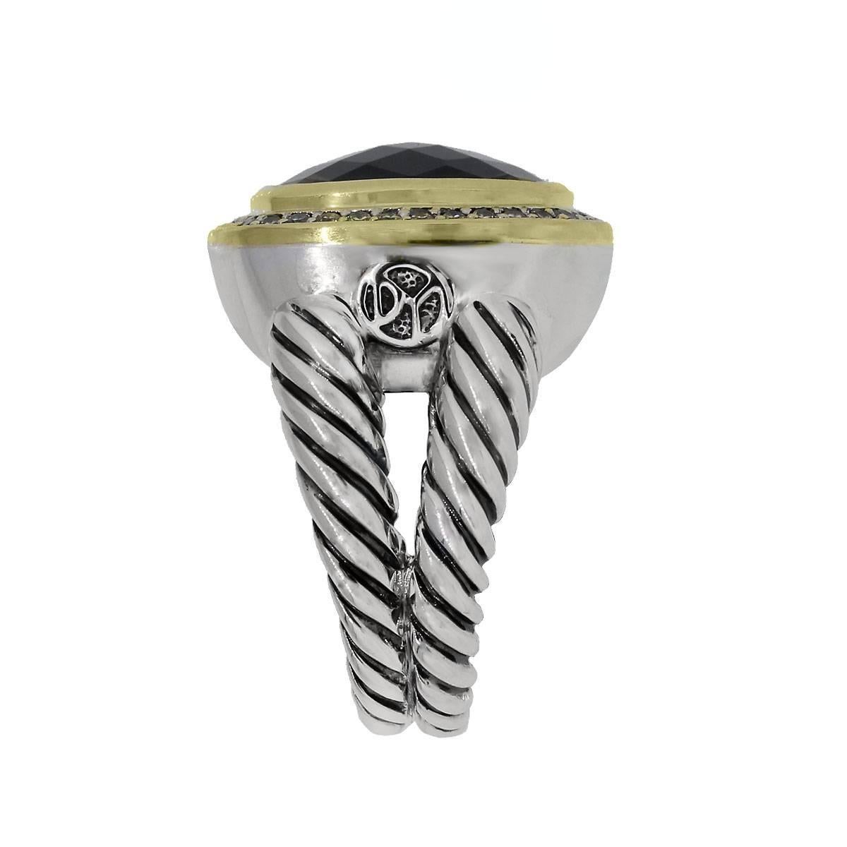 Brand: David Yurman
Material: 18k Yellow Gold & Sterling Silver
Gemstone Details: Smoky Quartz is 14mm x 14mm
Ring Size: 7 (can be sized)
Measurements: 1.10