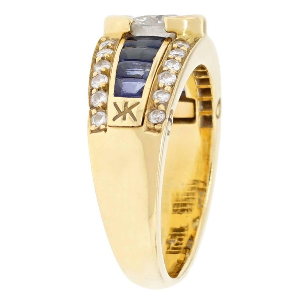 Material: 18k yellow gold
Diamond Details: Approximately 0.80ctw of round brilliant diamonds.
Gemstone Details: 8 sapphires that measure approximately 3.10mm x 2.26mm
Ring Size: 6.5 ( can be sized)
Ring Measurements: 0.80