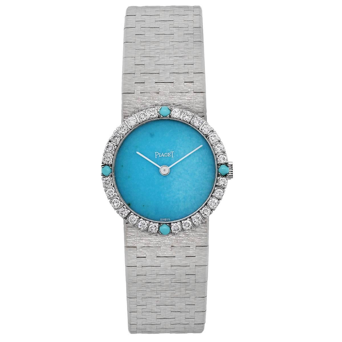 Brand: Piaget
MPN: 181043
Model: Dancer
Case Material: 18k White Gold
Case Diameter: 24mm
Crystal: Scratch resistant sapphire
Bezel: Diamond bezel with 4 cabochon turquoise gemstones and 32 round brilliant cut diamonds approximately 0.85ctw