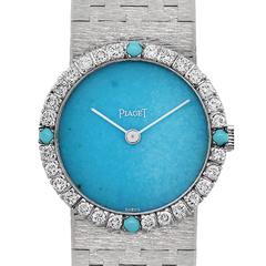 Piaget Ladies White Gold Turquoise Diamond Bezel Manual Wind Watch (montre-bracelet à remontage manuel)