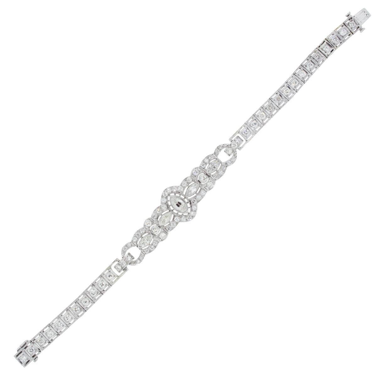Material: Platinum
Diamond Details: Approximately 3.50ctw of marquise and round brilliant diamonds. Diamonds are G/H in color and VS in clarity
Clasp: Tongue in box clasp with safety latch
Measurements: 6.75