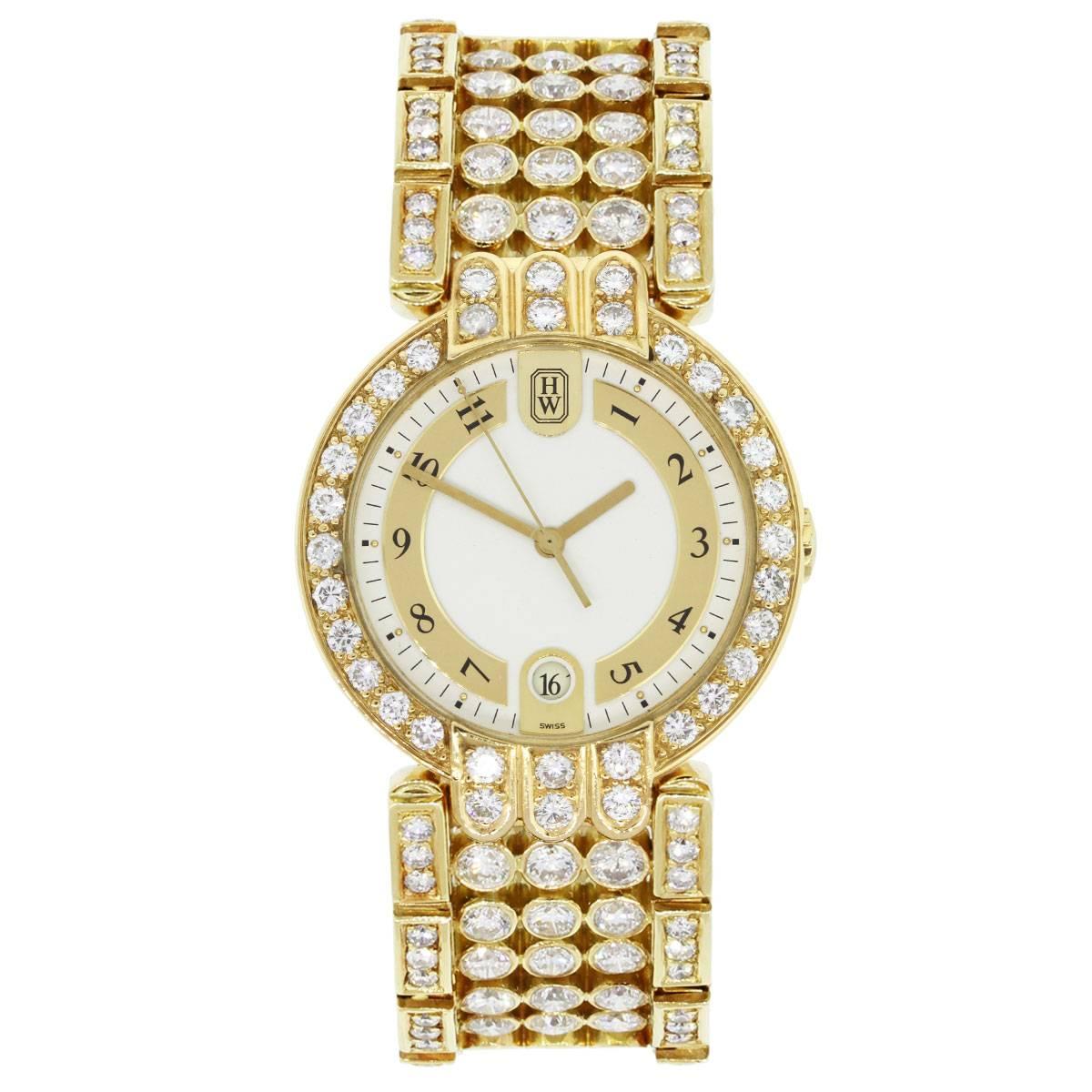 Brand: Harry Winston
MPN: MQ 34 GL
Model: Premier
Case Material: 18k Yellow Gold
Case Diameter: 34mm
Crystal: Sapphire
Bezel: Diamond bezel (aftermarket)
Dial: Two tone matte cream and gold color dial with date window at 6 o'clock