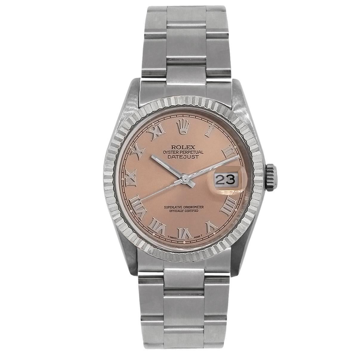 Brand: Rolex
MPN: 16234
Model: Datejust
Case Material: Stainless Steel
Case Diameter: 36mm
Crystal: Sapphire crystal
Bezel: Stainless steel fluted bezel
Dial: Salmon dial with silver roman numerals, hour hand and minute hands. Date is displayed at 3