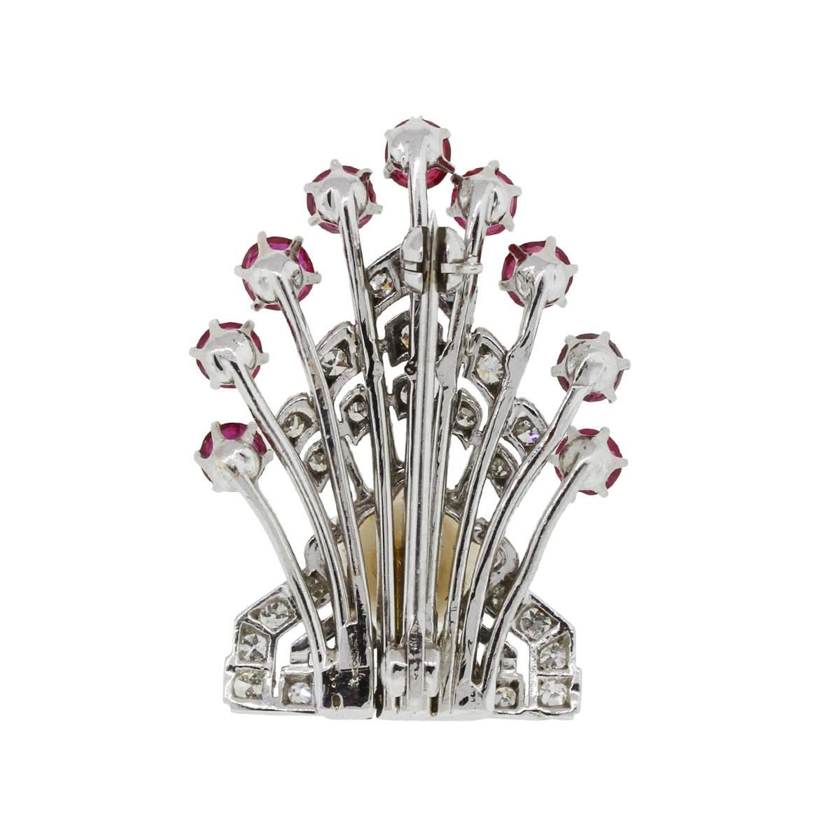 Platinum 0.40 Carats Diamonds 1.50 Carats Rubies Pearl Platinum Pin In Excellent Condition For Sale In Boca Raton, FL