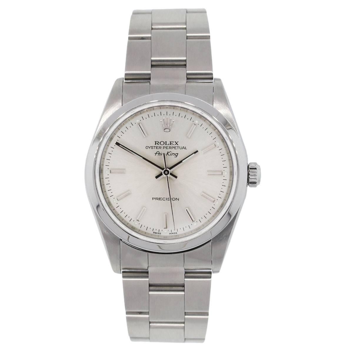 Brand: Rolex
Model: Airking
Reference Number: 14000
Serial: "A" serial
Case Material: Stainless steel
Dial: Silvered stick dial with silver hands
Bezel: Smooth stainless steel fixed bezel
Case Measurements: 34mm
Bracelet: Stainless steel
