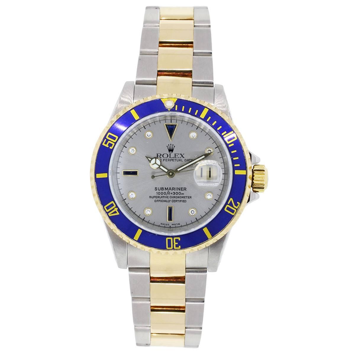 Brand: Rolex
Style: Submariner
MPN: 16613
Serial: "P" Serial
Case Material: Stainless steel
Case Diameter: 40mm
Bezel: Unidirectional 18k yellow gold bezel with blue insert
Dial: Silver diamond and blue sapphire serti dial