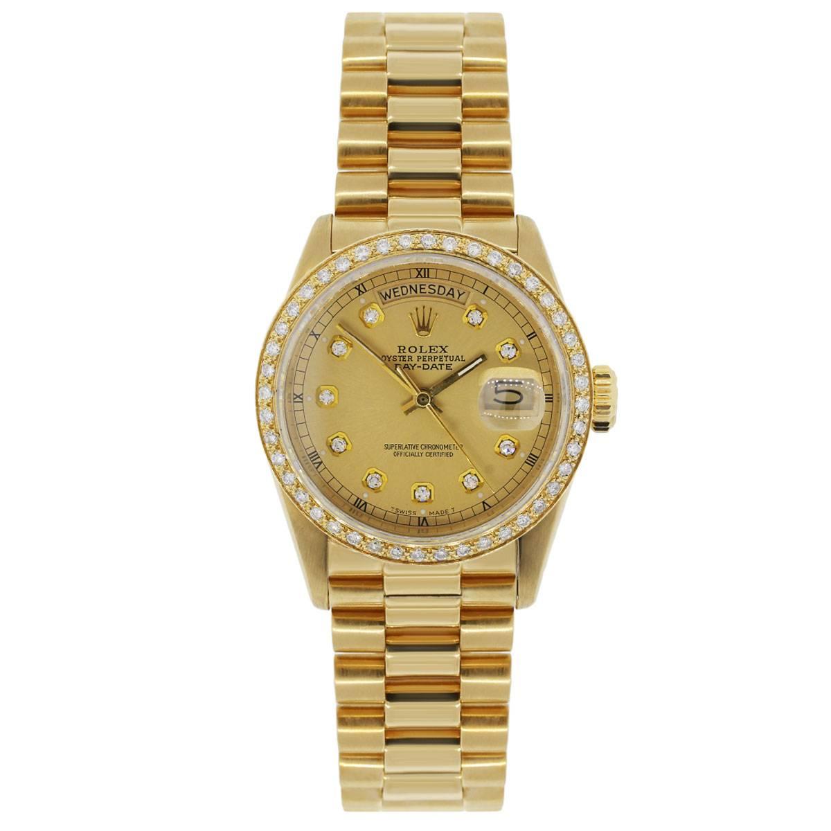 Brand: Rolex
MPN: 18038
Model: Day-Date
Case Material: 18k Yellow Gold
Case Diameter: 36mm
Crystal: Sapphire crystal (scratch resistant)
Bezel: Diamond bezel (aftermarket)
Dial: Champagne diamond day date dial (aftermarket) Bracelet: Presidential